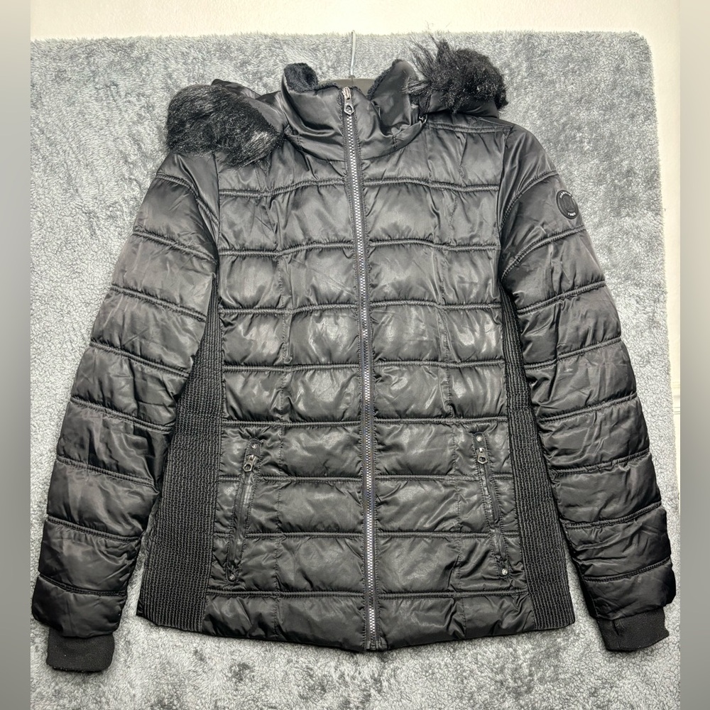 Women's NAUTICA Faux Fur Hooded Puffer Jacket Knit thumbhole cuffs size XL
